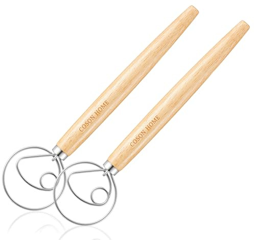 Pack of 2 Danish Dough Whisk, Kitchen Baking Flour Mixing Tool for Sourdough, Bread, Flour Paste, Butter, Pancake, Pizza, Cake, Pastry, Biscuits, Wooden Handle Stainless Steel Ring