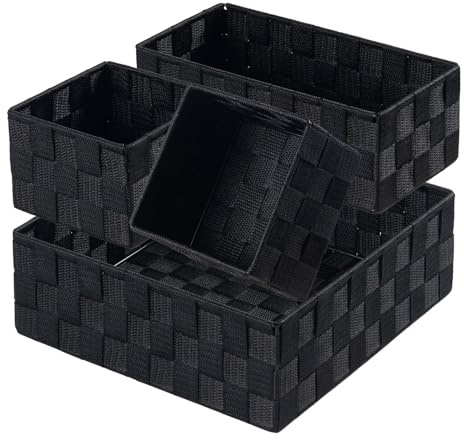 Posprica Small Black Baskets Cube Bin Container Tote,Woven Storage Baskets for Organizing Organizer Divider for Drawer, Closet, Shelf, Dresser, Set of 4