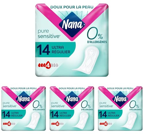 Nana PureSensitive Serviettes Hygiéniques Ultra Régulier - Flux Modéré - 0 % Allergène*, Parfum, Colorant - 14 Unité (Lot de 4)