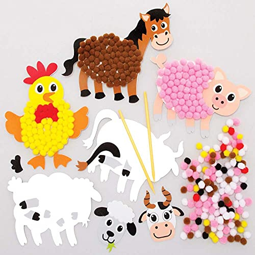 Baker Ross FE573 Kits pompons animaux de la ferme - Paquet de 5, carte auto-adhésive avec artisanat de pompons colorés