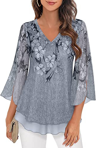 Timeson Ladies 3/4 Sleeve Tops and Blouses,Dressy Tunic Tops for Women V Neck Business Casual Tops for Women Long Shirts for Work Swing No Iron Elbow Length Maternity Tops Office Wear Black Gray XL