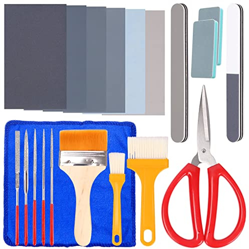 Swpeet 26Pcs Resin Polishing Kit, 6 Grit 320# 800# 1500# 2500# 5000# 7000# Sand Papers, 5 Sizes Resin File, Polishing Blocks, Scissors, Polishing Cloth, Wooden Cleaning Brush for Polishing Resin