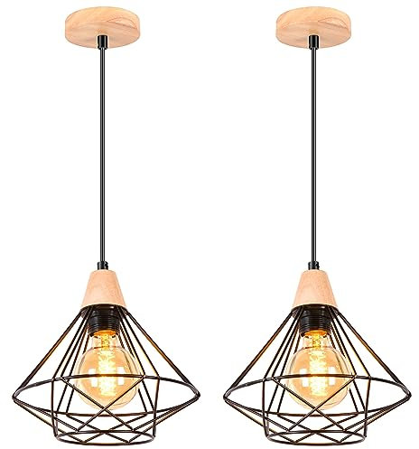 iDEGU 2 Pezzi Lampade a Sospensione Vintage Industriale, Lampada da Soffitto in Legno e Metallo Nero Gabbia Geometrica 22cm Retro E27 Lampadario Interni per Corridoio Camera da Letto Cucina