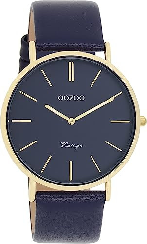 Oozoo Vintage Damen Uhr dunkelblau/Gold - Armbanduhr Damen mit 20mm Lederarmband - Analog Damenuhr in rund C20329
