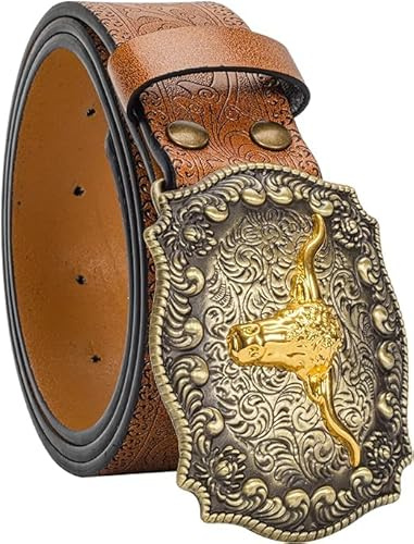 CaySep Western-Cowboy-Cinture per donne e uomini vintage con incisione floreale testa di toro fibbia cowgirl cintura in vita per 64 a 97 cm di vita, Marrone-stile 3, 120cm/For Waist 86cm-99cm