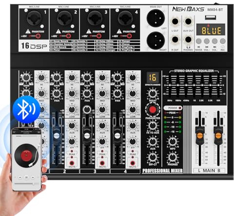 Professional Audio Mixer, 4 Channel Audio Interface Sound Board Mixing Console System Monitor, NEW BAXS 16-Bit DSP DJ Bluetooth Mixer +48V Phantom Effect For Karaoke Studio Streaming Recording