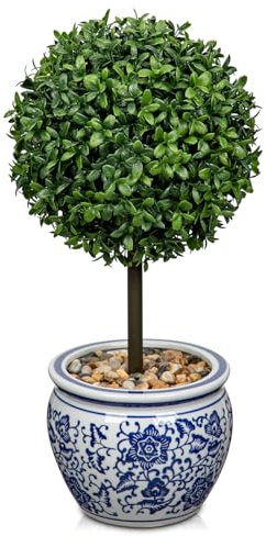 Hollyone Künstliche Buchsbaumkugeln 40CM, Künstliche Formschnittbäume Klein, Kunstbaum in Blau-weißem Keramiktopf, Kunstpflanze Topiary für Draußen und Drinnen Eingangsbereich Terrasse Veranda Deko