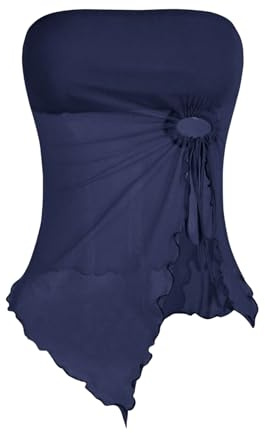GORGLITTER Mesh crop top tub topp damer axelbandslös topp Y2k topp med vågfåll, axellös, sommartoppar med slits, Mörkblå, L