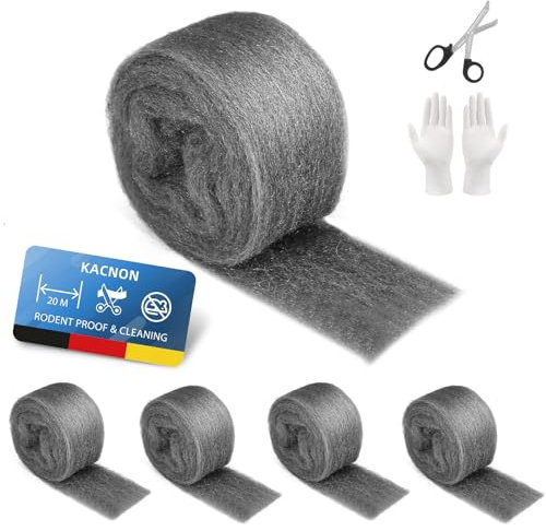 KACNON 00 Stahlwolle, 5 Rollen 20m stahlwolle gegen mäuse, mit Handschuhe und Schere, Edelstahlwolle Fein Gegen Nagetiere Stahlwolle, für Löcher und Wand Risse, Haus, Garage und Garten