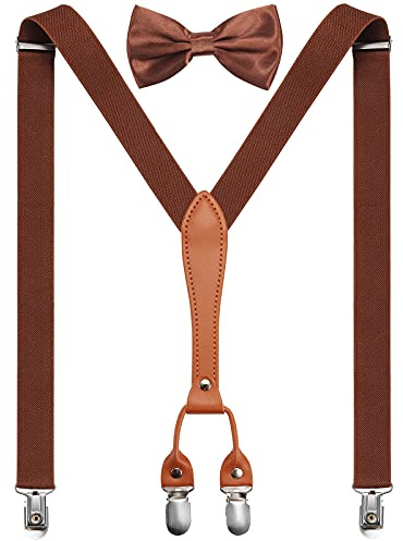 JASLEEN Child Suspender Bow Tie Set Adjustable Elastic Suspenders And Bowtie Gift Set Solid Color for Dance Birthday Wedding (coffee)