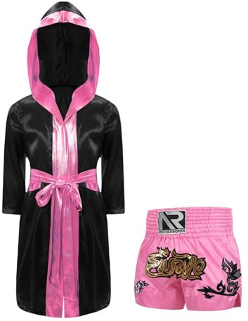 Agoky Kinder Muay Thai Kleidung Set Boxshorts mit Kapuzen Umhang MMA Kickboxen Anzug Training Grappling und Kampfsport Outfits 5–16 Jahre Schwarz & Rosa 170