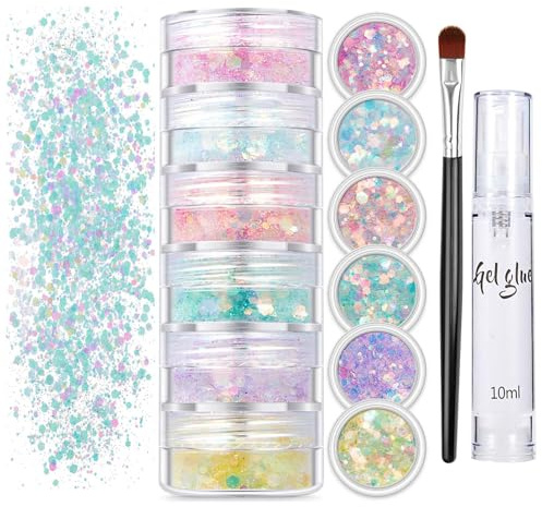 Chunky Glitter Crafting, 6 färger paljetter, ansikte och kroppsglitter, festivalmaskerad fest, naglar, ögon, hår, glitterpulver paljetter, tillbehör