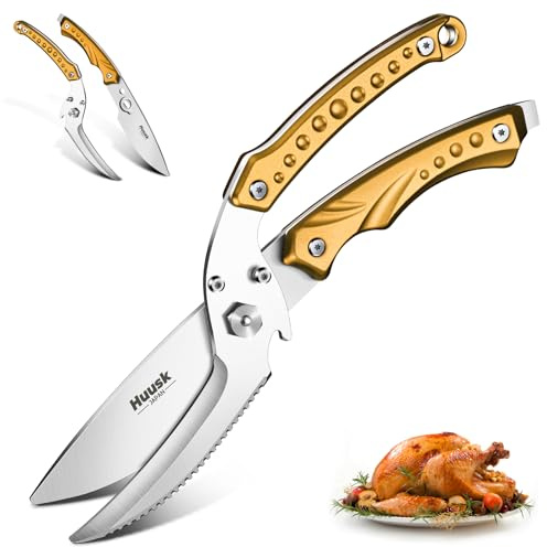 Huusk Kitchen Shears Heavy Duty-Detachable Meat Scissors for Chicken,Turkey, and Bone, Poultry Shears Ultra Sharp with Serrated Edge, All Purpose Cooking Scissors Golden