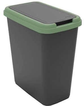 Sundis Green Bin, poubelle de tri sélectif 25 L d’intérieur, rectangulaire, en plastique recyclé noir et vert, couvercle à bascule ou fixe, avec stickers pour cuisine, bureau, buanderie, atelier