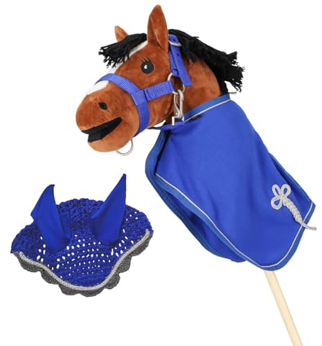 QHP Hobby Horse Set – Cagoule anti-mouche, couverture polaire et licol pour chevaux de bataille – Rose ou bleu – avec motif à collectionner sur l'emballage (bleu)