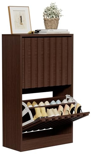 UEV Inbyggd Skoförvaring med 2 Lådor, Skoskåp för Vardagsrum Kombinerar Elegant Design och Praktiskhet, Stabilt och Säkert Skoskåp med Omfallskydd, 52 x 24 x 86,5 cm, Mörkbrunt