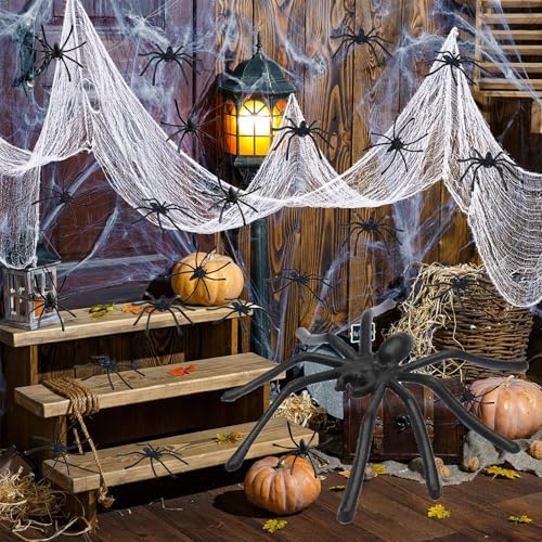 Ragnatela Halloween Decorazioni, Decorazioni di Ragnatela Bianca Finta Estensibili, 100g Ragnatele Finte con 40 Ragni Finti per Tavolo Caminetto Casa Giardino All'Aperto e Halloween Horror Party
