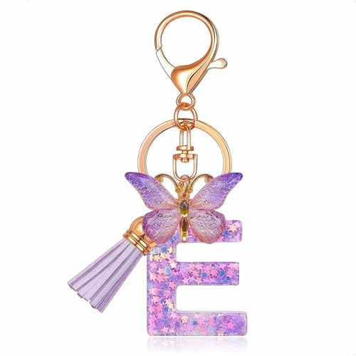 Porte-clés initiale femme avec papillon, porte-clés personnalisé lettre, cadeau fille & dame (Violet-E)