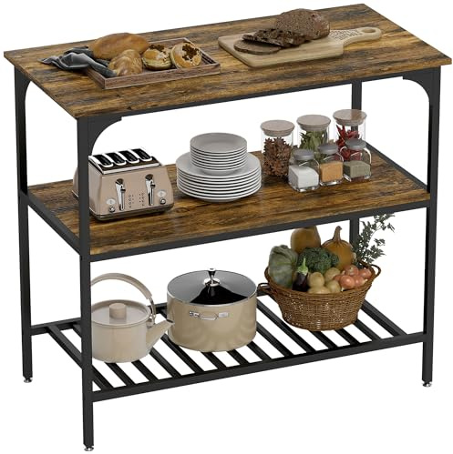 HOMCOM Küchenregal, 3-stufiges Standregal mit großer Arbeitsplatte, Industrielles Bäckerregal mit Stahlrahmen, für Esszimmer, Küche, Wohnzimmer, 100 x 50 x 90 cm, Rustikal-Braun+Schwarz