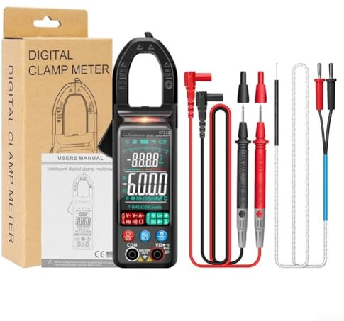 Stor skärm digital klämmätare, digital klämmätare multimeter, med beröringsfri spänningsdetektion för AC/DC-ström, spänning, motstånd, kapacitans, temperaturmätning (svart)