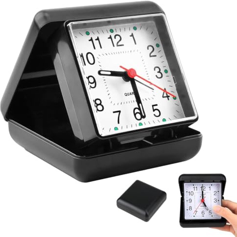 SKJJM Travel Alarm Clock Folding Design, Quartz Travel Alarm Clock, Silent No Ticking Battery Operated Bedside Clock, Compact Small Alarm Clock for Bedroom Home Office Travel Camp, Black Box Design