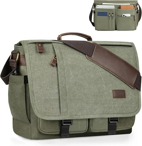 ESTARER Sacoche pour ordinateur portable 17 - Sac à bandoulière en toile pour homme - Pour le travail - Gris uni - Vert armée