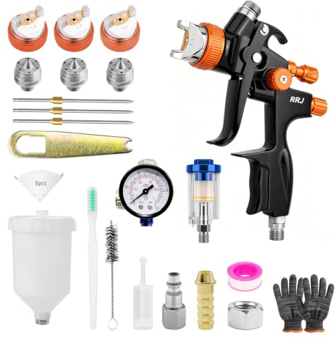 HVLP Lackeringspistol, sprutpistolsats med 3 munstycken 1,3 mm/1,7 mm/2,0 mm, professionell färgsprutpistol gravitationssprutor med 600 ml plastmugg, tryckmätare