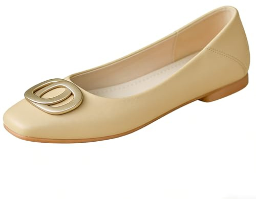 Balettskor för kvinnor fyrkantig tå äkta läder slip-on grund vamp, dubbel ring, metallspänne, bred passform, låg klack, kontor, pendlare, dagliga vardagsskor, Khaki, 39 EU