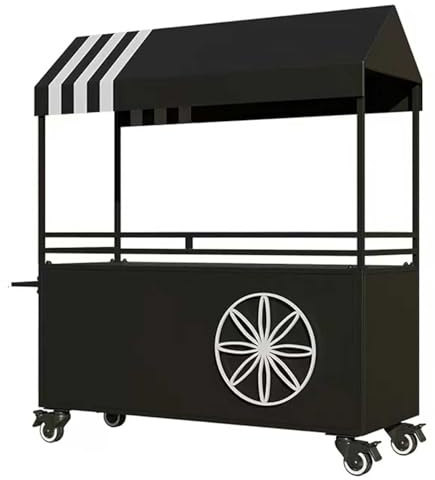 Bärbar Mobil Gatuförsäljare Matvagn, Järnmatvagnsdisplay med Tak och Hjul för Gata, Fester, Marknad(Black,140cm/55in)