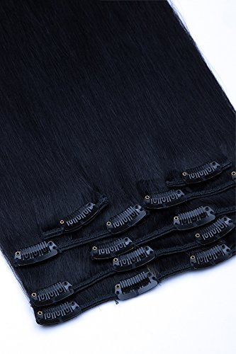 Clip In Extensions Echthaar 7tlg SET - 80cm in #1 Schwarz 7 teiliges Haarteil für komplette Haarverlängerung - Hochwertige schwarze 100% Remy Echthaar Clip-In Extension GlamXtensions