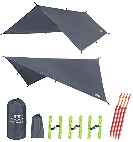 Gold Armour Rainfly Tarp Hammock, 14.7ft/12ft/10ft/8ft Rain Fly Cover, Waterproof Ultralight Ripstop Fabric, Survival Gear Backpacking (Gray, 12ft x 10ft)