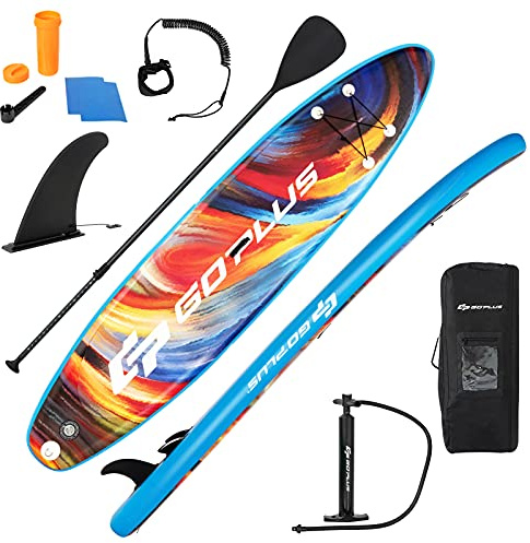 GOPLUS Planche de Stand Up Paddle Board Gonflable Adulte 335x76x15CM, Sup Board avec Sac à Dos, Pompe et Pagaie Réglable, Corde à Pied, Kit de Réparation, Tapis Antidérapant, Étoile Bleu