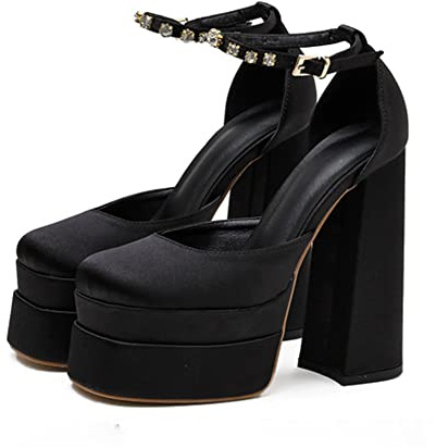 Zapatos de tacón con Plataforma para Mujer, tacón en Bloque, Punta Cuadrada, Correa en el Tobillo, Zapatos con Hebilla, Vestido de Moda, Fiesta, Vestido de Novia, Zapatos de satén,Negro,37 EU