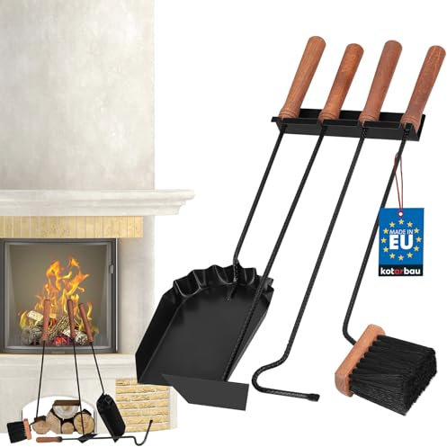 KOTARBAU® Kaminbesteck Schwarz Modern Ofenbesteck Kaminofen Zubehör Kamingarnitur Set Bürste Schaufel Aschekratzer Schürhaken Kamin Reinigungsset aus Stahl und Holz Kaminzubehör Kaminwerkzeug