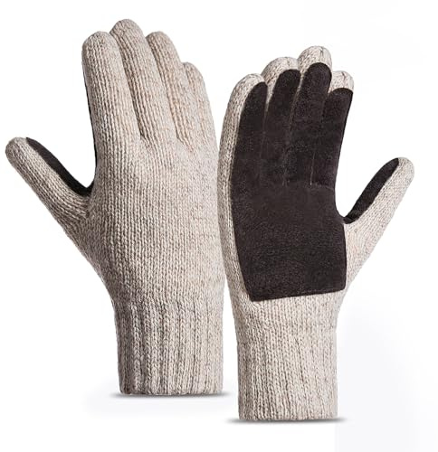 Warm Inner Thermal Insulation Winter Gloves Full-Finger Men Women Wool Acrylic Soft Knit Cold Weather Warm Glove (Beige Full-Finger Leather Palm Large)