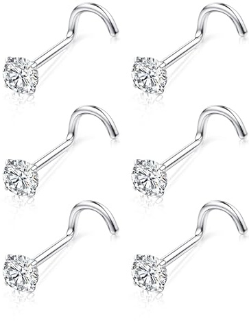 Chriscoco 6stk Nasenpiercing G23 Titan Nasenpiercing Stecker Screws Nasenstecker Nostril Piercing Nasenpiercing Set Damen Herren Nase Piercing Schmuck 3mm CZ Nasenpiercing Silber 20G