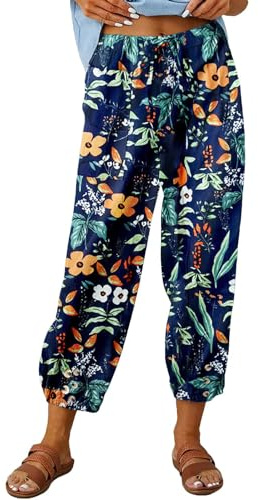 ABYOVRT Pantalon 7/8 Femme Été Imprimé Bohème Lin Ample Longueur Pants Cordon pour Décontracté à Jambes Léger en avec Poches Pantalon De Plage,Orange,L