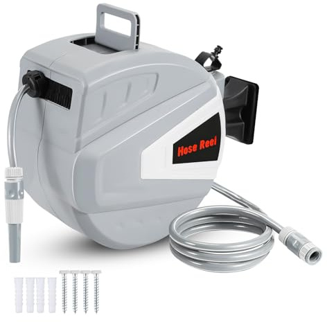 Fiqops Avvolgitubo 30 + 2 m, avvolgitubo automatico da parete con doccetta, tubo da giardino, girevole a 180°