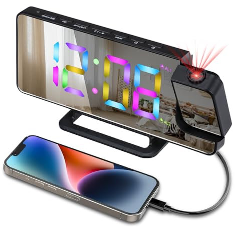 Digital Projection Alarm Clock for Bedside, Mirrored Digital Alarm Clock with 180° Rotating Projector LED, 6 Levels of Brightness Dimming, 5-60 Minute Snooze, USB Charger, Auto Dimmer, For Bedroom.