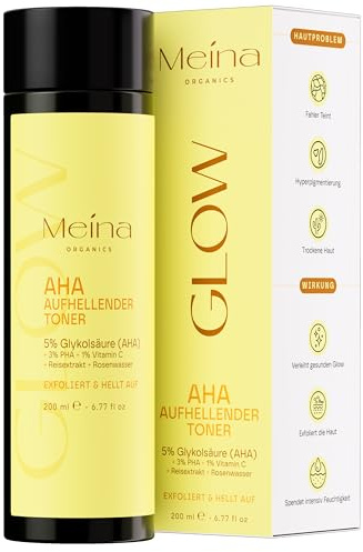 Meina AHA Glow Toner, 5% Glykolsäure Peeling mit Vitamin C, PHA, Reis-Extrakt und Hyaluronsäure, Gesichtstoner, Leichte Gesichtspflege gegen Pigmentflecken und trockene Haut, Schnell einziehend, 200ml