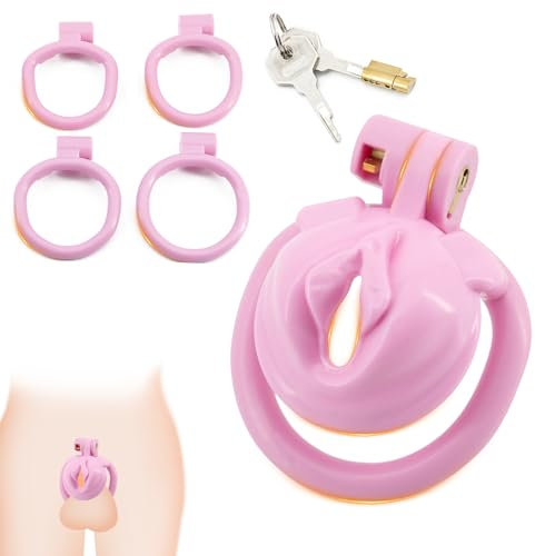 BDSMJOY Peniskäfig für Crossdresser,Chastity Cage Male mit Muschi,Keuschheitskäfig Keuschheitsgürtel mit 4 Hodenringe,BDSMs Spielzeug hart,BDSM Set Sklaven Sex Spielzeug für die Männer (Rosa)