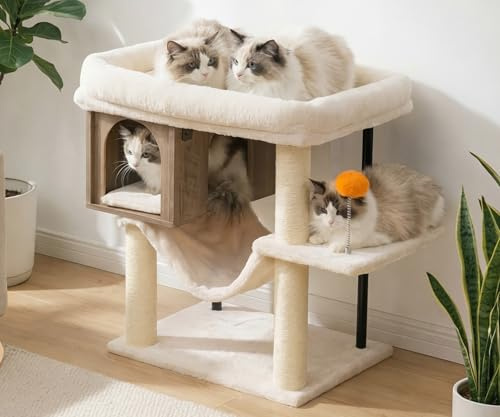 Heybly Arbre À Chat, Grande Plateforme 54 x 40 cm en Peluche, Maison en Bois, Hauteur 57.5 cm, Ses Tubes en Fer Et Base Large Procurent Bonne Stabilité, Parfait pour Chats Gras,Gris HCT017SG