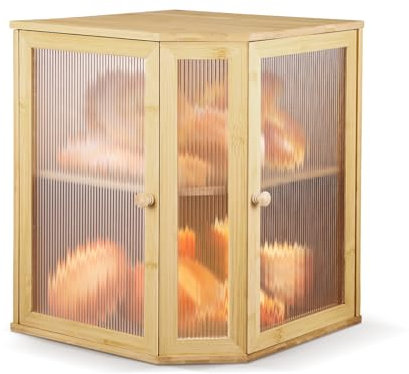 Bamboo Bread Box for Kitchen Countertop, Two-Layer Large Corner Bread Bins with Transparent Window, Wooden Storage Box with Ventilation Holes for Freshness Natural, Cutting Board, Self Assembly