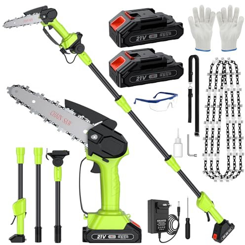 Motosierra Batería Sin Cable 180CM, 2 en 1 Mini Motosierra y Podadora de Pértiga, Motosierra Telescópica 6 Pulgadas, Sierra de Podar 4 Cadenas, Gafas, Guantes, Podar Arboles Patio de Jardín árboles