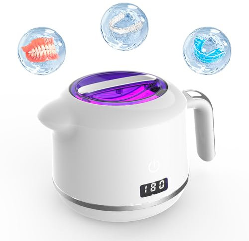 PKBD Retainer Cleaner,Kettle ultrasonic Cleaner for Denture, Aligner, Mouth Guard, 42KHz Ultrasonic Retainer Cleaner Machine with UV,White