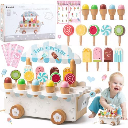 Gelateria Giocattolo per Bambini, Giochi in Legno Carretto Gelati Giocattolo, Gelateria Cucina Giocattolo Accessori, Montessori Gioco di Ruolo Educativo Regalo per Bambini Bambina 3 4 5 6 Anni