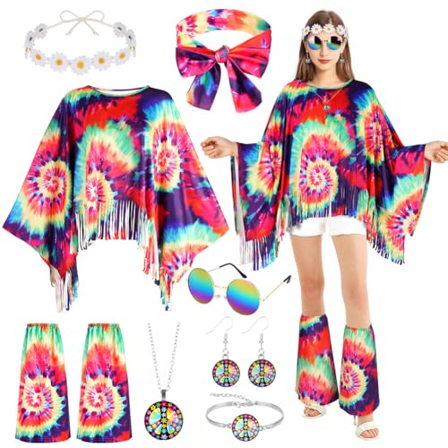 AOOWU Costume Hippie Donna, 10 Pezzi Stile Vintage Anni 60 Anni 70 Hippie Accessori, con Occhiali Fascia per Capelli Anni con Copristivali, Costume Carnevale Halloween
