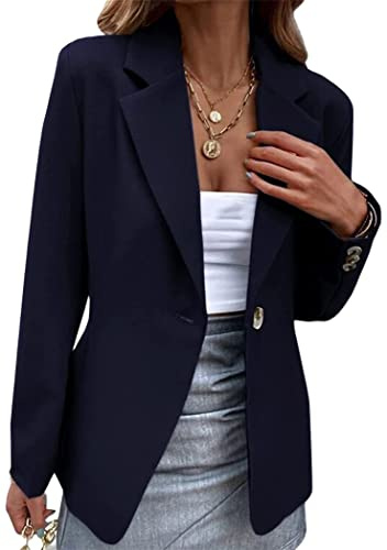 OMZIN Las Mujeres De Manga Larga Botón Boyfriend Solid Color Blazer Oficina De Trabajo Frente Abierto Slim Fit Blazer Azul Marino 3XL