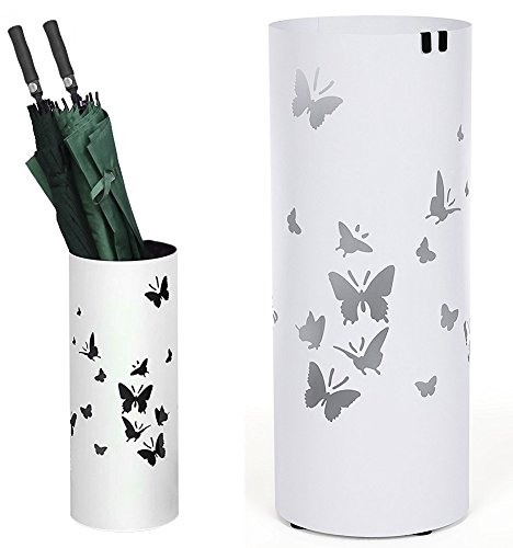BAKAJI Portaombrelli Stand in Ferro Design Forma Tonda con Vaschetta Salvagoccia e Ganci porta ombrelli, Altezza 49 cm x Diametro 19,5 cm (Bianco, Farfalle)