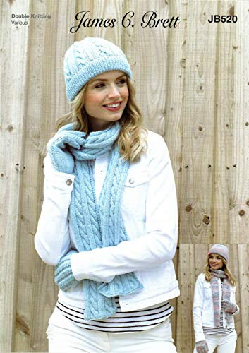 James Brett Womens Knitting Pattern Ladies Cable or Stocking Stitch Hat Scarf & Gloves (JB520)